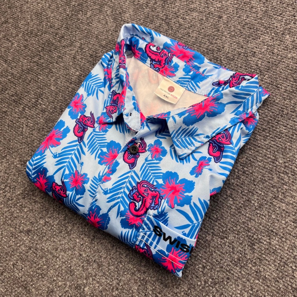 Destroyer Rocks Swisher Floral Tropical Hibiscus Blue Pink Button Down Shirt